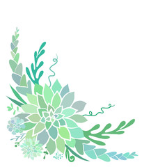 Floral corner frame with succulents and ferns isolated on white. Vector illustration.