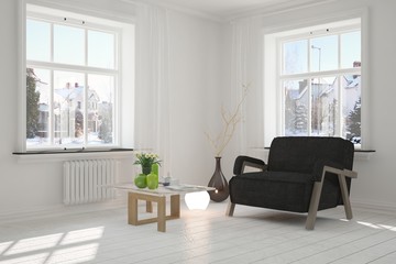 White room with armchair and winter landscape in window. Scandinavian interior design. 3D illustration
