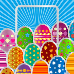Spring greeting background with Easter eggs. Festive paper images of eggs on a square light frame. Light blue rays on a blue background. Greetings card with the Happy Easter!