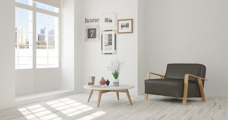 White room with armchair and winter landscape in window. Scandinavian interior design. 3D illustration