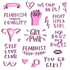 Vector feminism symbols icon set. Femenist movement