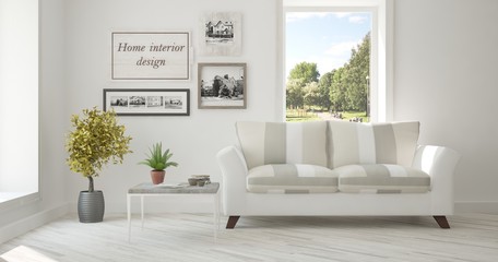 White room with sofa and green landscape in window. Scandinavian interior design. 3D illustration