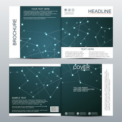 Square brochure template with structure of molecular particles and atom. Polygonal abstract background. Medicine, science and technology concept. Vector illustration