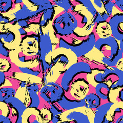 Vector colorful seamless pattern with brush strokes and dots. Yellow black blue color on pink background. Hand painted grange texture. Ink geometric elements. Fashion modern style. Unusual