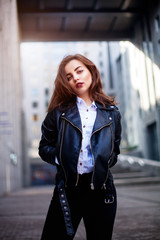 Amazing joyful pretty girl with long brunette hair. posing outdoor. leather jacket,brunette hair,...