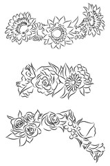 Set of black and white contour drawing of flower wreaths for head. Vector element for your creativity