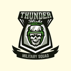 Logo, emblem, military theme. Skull, helmet, glasses, soldier, ammunition. Vector illustration, printing on T-shirts