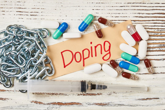 Pills, chain and syringe. Drug free sport.