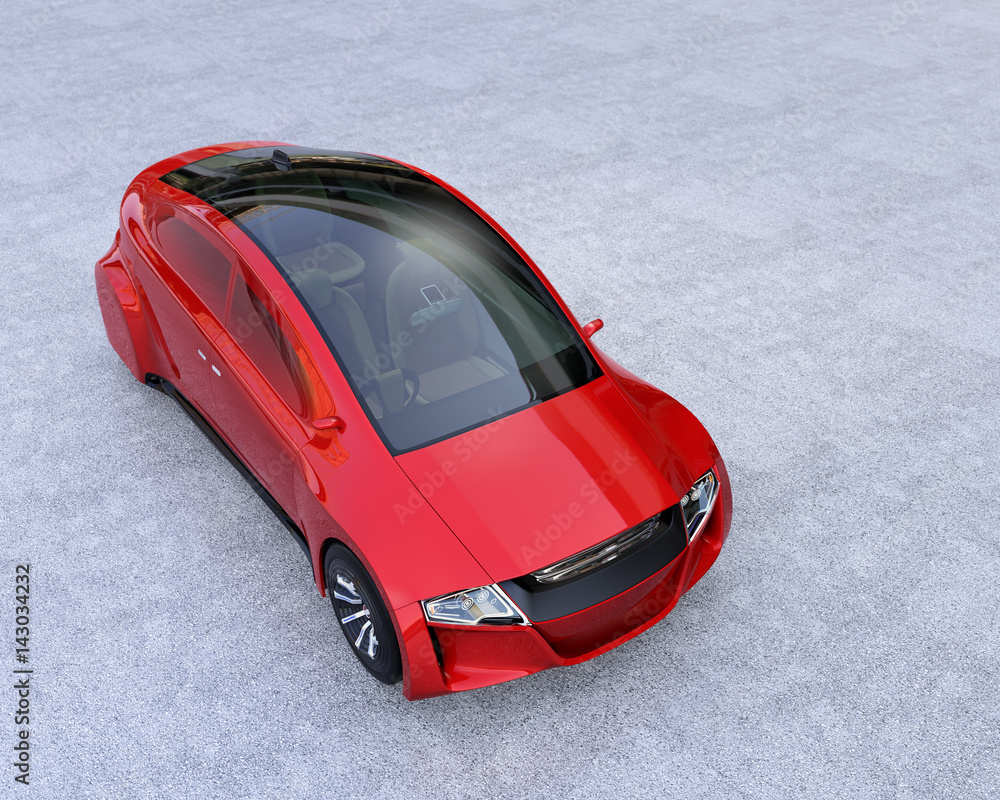 Poster metallic red autonomous vehicle on concrete ground. 3d rendering image.