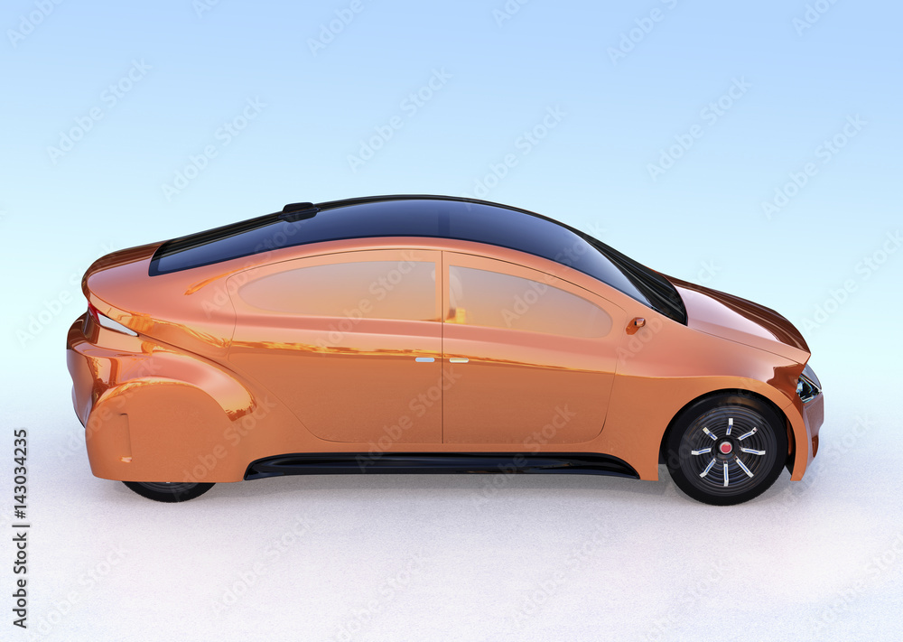 Poster side view of golden autonomous vehicle on light blue background. 3d rendering image.