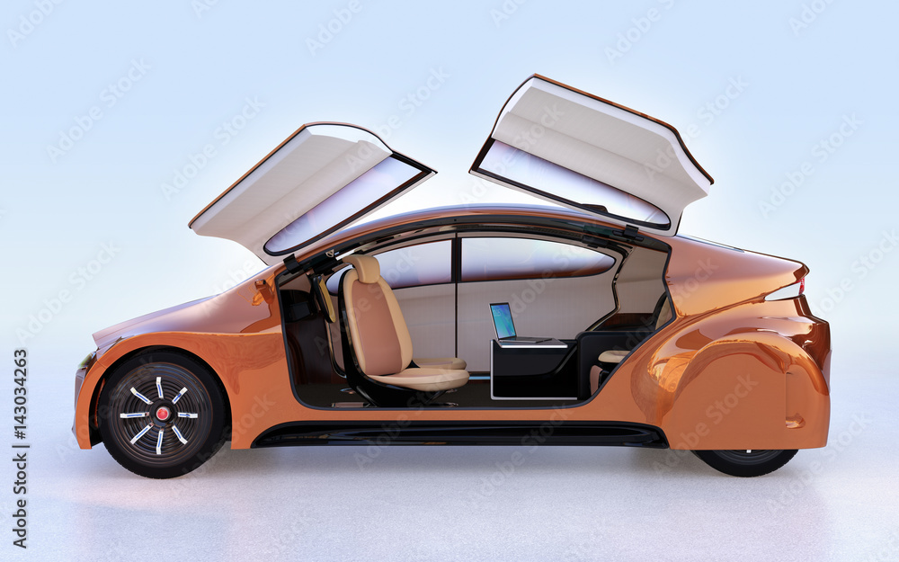 Aufkleber side view of golden autonomous vehicle on light blue background. the doors opened and there is a lap