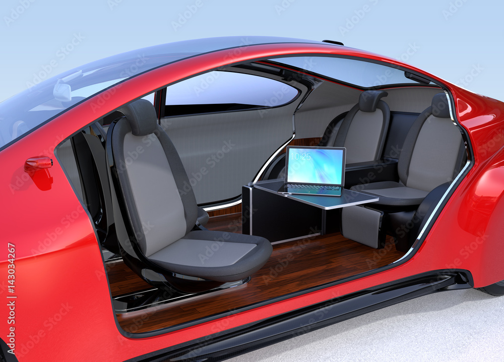 Poster self driving car interior concept. a laptop computer on the foldable table . 3d rendering image.