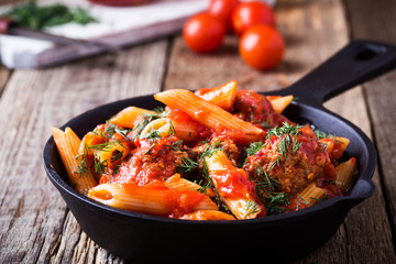Meatball with penne pasta with spicy red sauce - obrazy, fototapety, plakaty