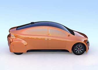Obraz na płótnie Canvas Side view of golden autonomous vehicle on light blue background. 3D rendering image.