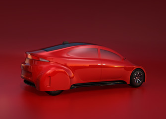 Rear view of red autonomous vehicle on red background. 3D rendering image. Original design.