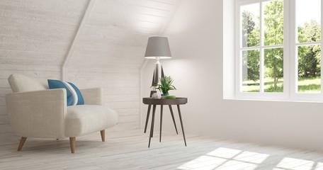 White room with armchair and green landscape in window. Scandinavian interior design. 3D illustration