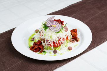 Fresh Salad With Cucumber, Tomatoes, White Cheese, Grilled Pepper And Onion