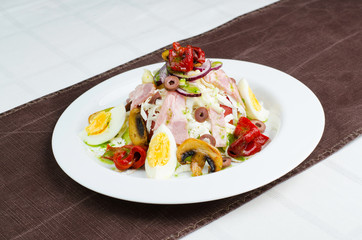 Fresh Salad With Mushrooms, Grilled Vegetables, Boiled Eggs, White Cheese, Olive And Ham