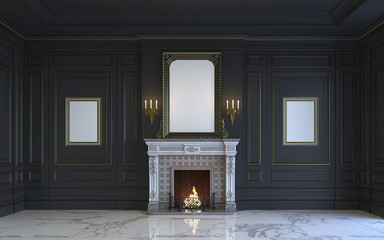 A classic interior is in dark tones with fireplace. 3d rendering.