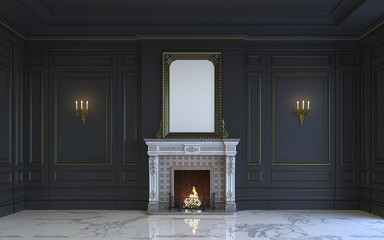 A classic interior is in dark tones with fireplace. 3d rendering.