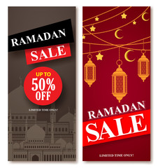 Ramadan sale vector web poster designs set with mosque and lantern elements in background for shopping discount promotion. Vector illustration.
