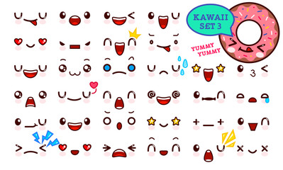 Set of cute kawaii emoticon face and sweet donut kawaii. Collection emoticon manga, cartoon style. Vector illustration. Adorable characters icons design