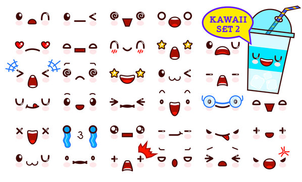 Set of cute kawaii emoticon face and sweet cocktail kawaii. Collection emoticon manga, cartoon style. Vector illustration. Adorable characters icons design