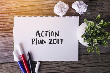 Action Plan 2017 word with Notepad and green plant on wooden background.