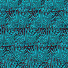 Floral seamless pattern with and fan palm tree leaves on deep blue background. EPS10 vector illustration.
