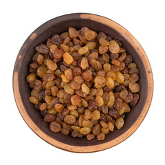 Brown ceramic bowl with raisins isolated on white background.