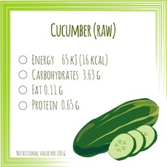 Cucumber. Nutrition facts. Flat design, no gradient. Vector illustration