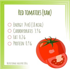 Tomato. Nutrition facts. Flat design, no gradient. Vector illustration