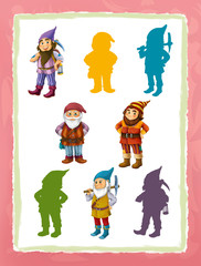 cartoon page with medieval characters different dwarfs game with shapes