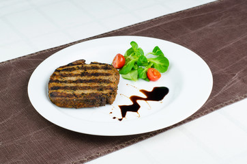 Grilled Meat Steak With Herbs And Spices, Soy Sauce And Vegetables