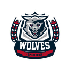 Emblem, logo, sticker, aggressive wolf ready to attack, predator. Vector illustration