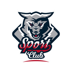 Emblem, logo, sticker, aggressive wolf ready to attack, predator. Vector illustration