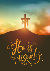 Christian easter scene, Saviour's cross on dramatic sunrise scene, with text He is risen, illustration