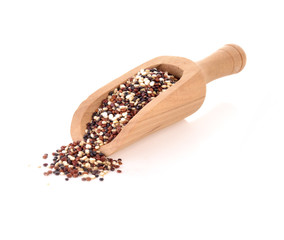 Quinoa seeds in wood spoon on white background