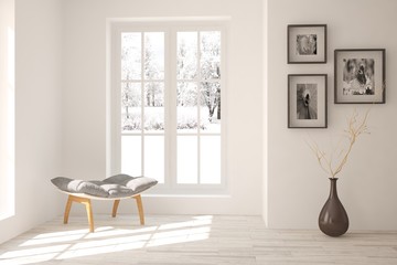 White room with chair and winter landscape in window. Scandinavian interior design. 3D illustration