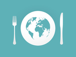 Plate with cutlery and blue world map - 143037689