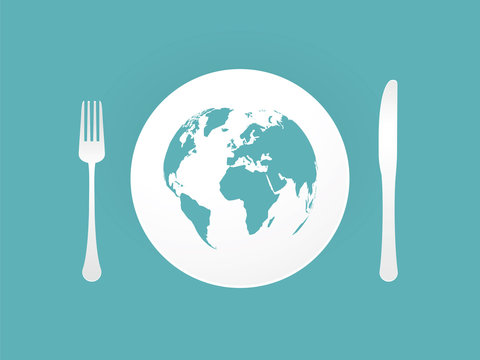 Plate with cutlery and blue world map