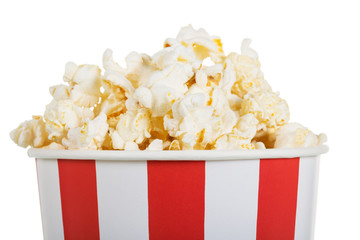 Salty, delicious popcorn in box, isolated on white.