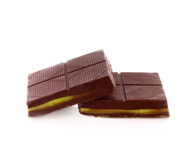 Chocolate stuffed with green tea on white background