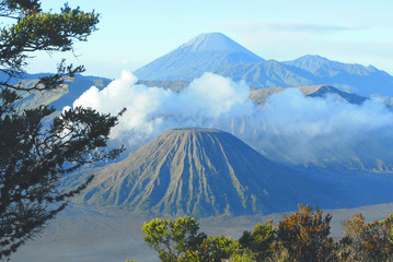 Mount Bromo, active volcano with clear blue sky at the Tengger Semeru National Park in East Java,...