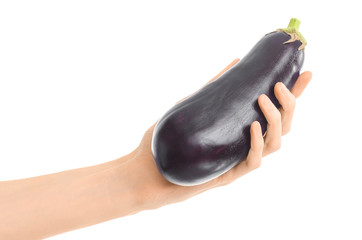Healthy eating and diet Topic: Human hand holding a ripe eggplant isolated on a white background in the studio
