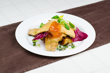 Breaded White Fillet Fish With Oven Potatoes And Salad