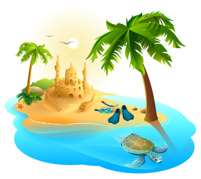 Tropical island paradise beach. Palm tree, sand castle, fins, sea turtle