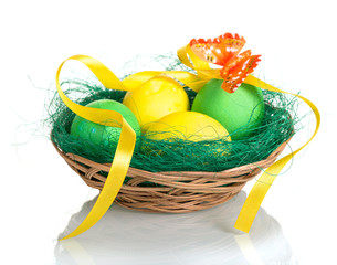 Colored Easter eggs in basket, butterfly and ribbon on white .