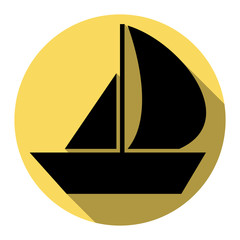 Sail Boat sign. Vector. Flat black icon with flat shadow on royal yellow circle with white background. Isolated.
