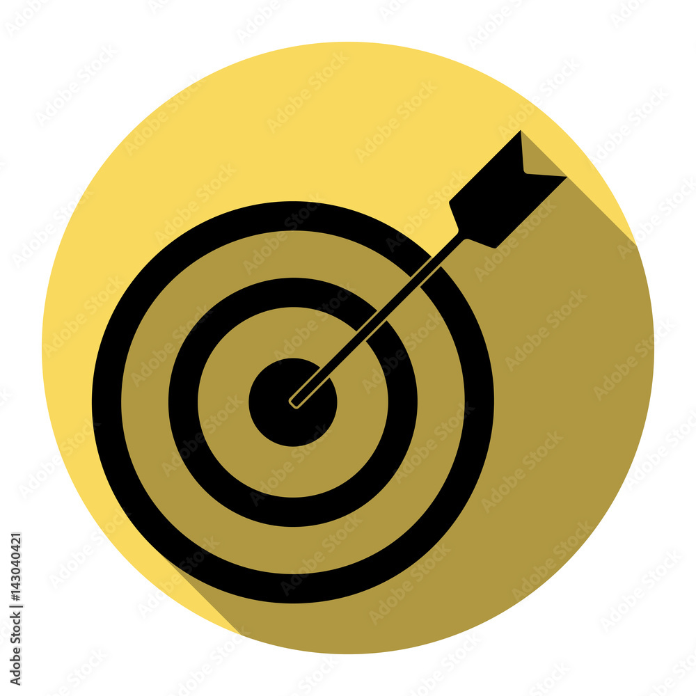 Poster target with dart. vector. flat black icon with flat shadow on royal yellow circle with white backgro